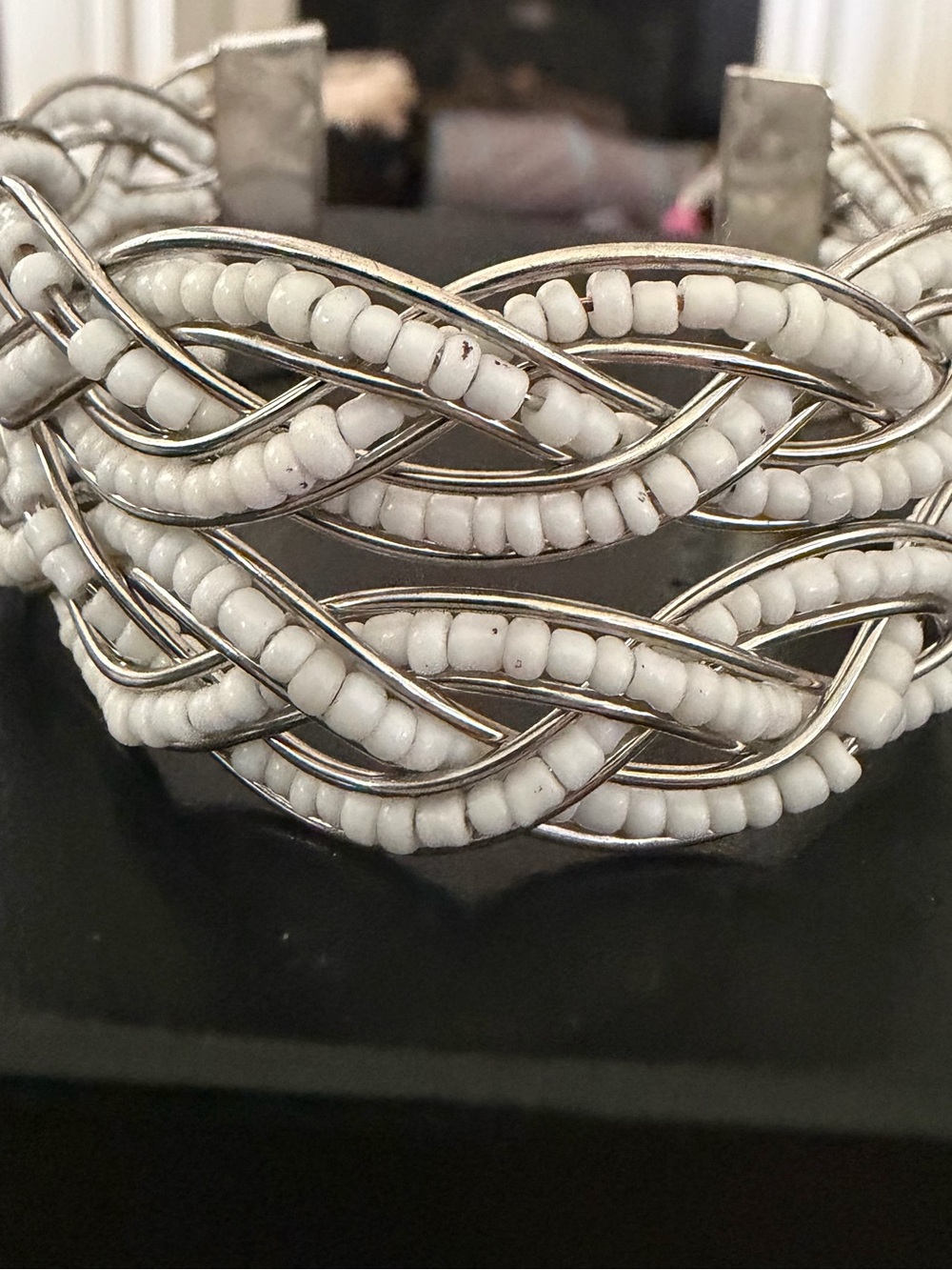 White Beaded Braided Cuff Bracelet - Women Jewelry